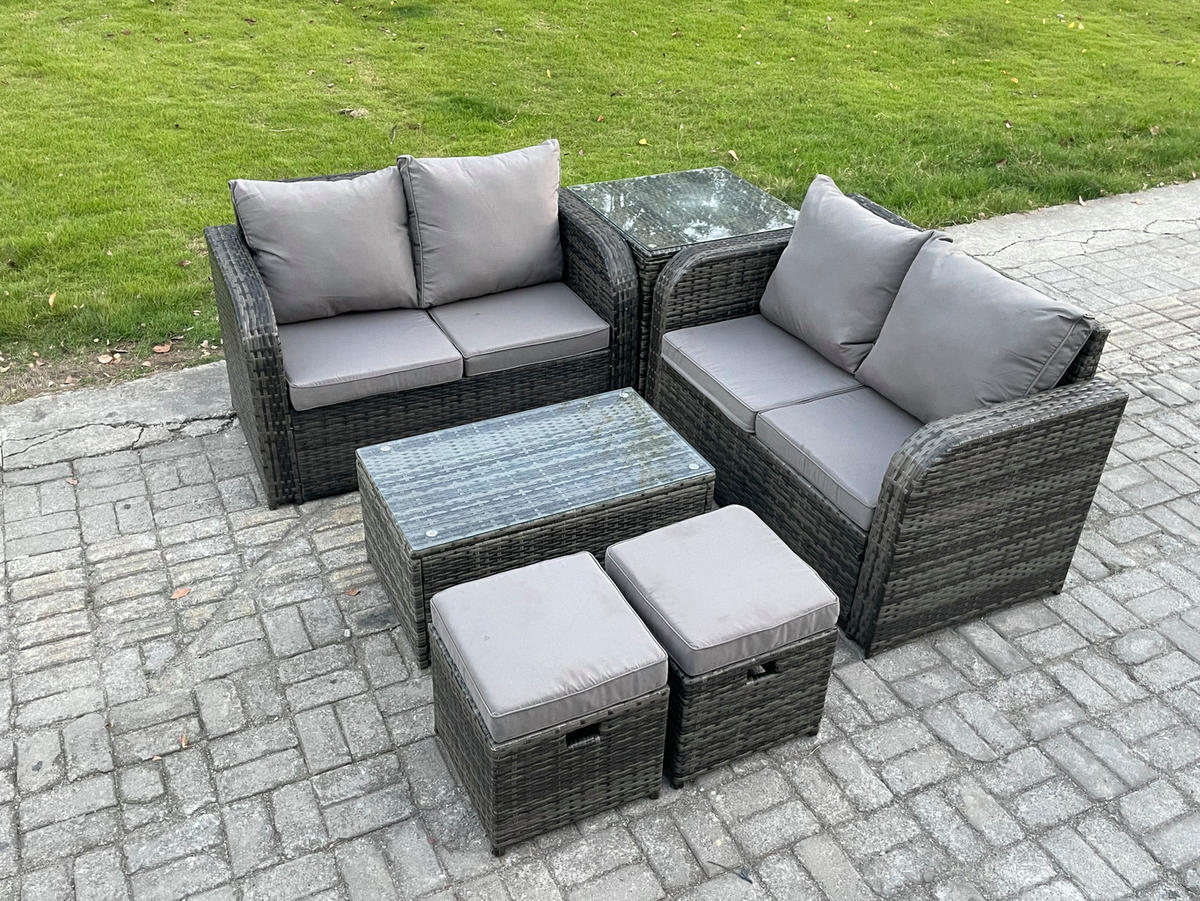 GARTENLOUNGE-SET Polyrattan Dunkelgrau 6-Sitzer - Dunkelgrau, Metall - Fimous