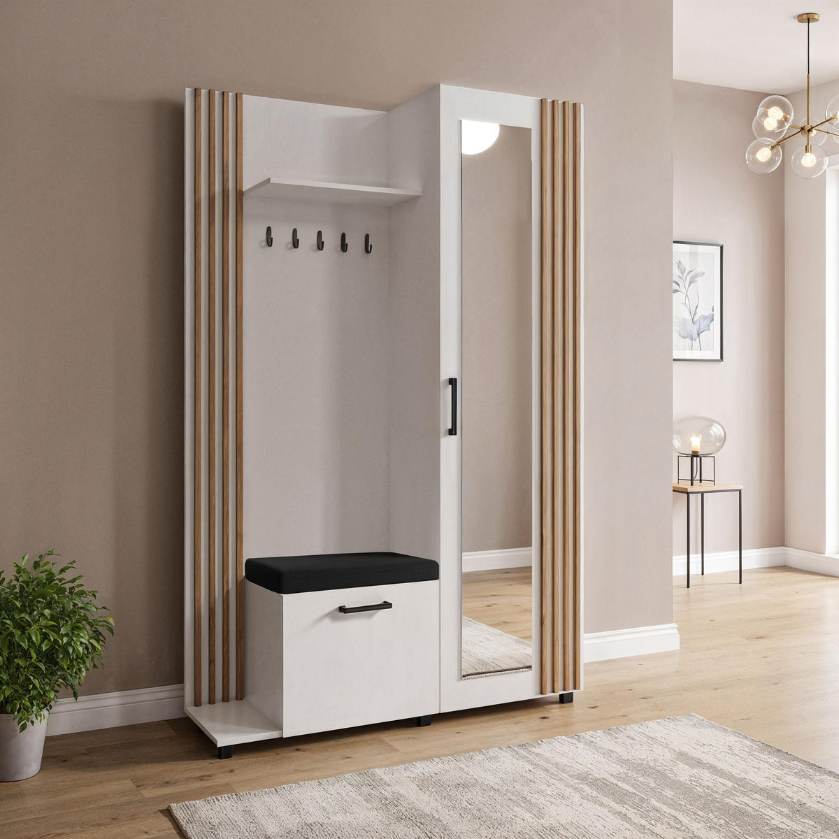 GARDEROBE Linaro mit Spiegel, Sitzbank in Lamellen-Optik 137/207/42 cm, Links - Schwarz/Weiß, Holzwerkstoff (137/207/42cm) - WFL GROUP