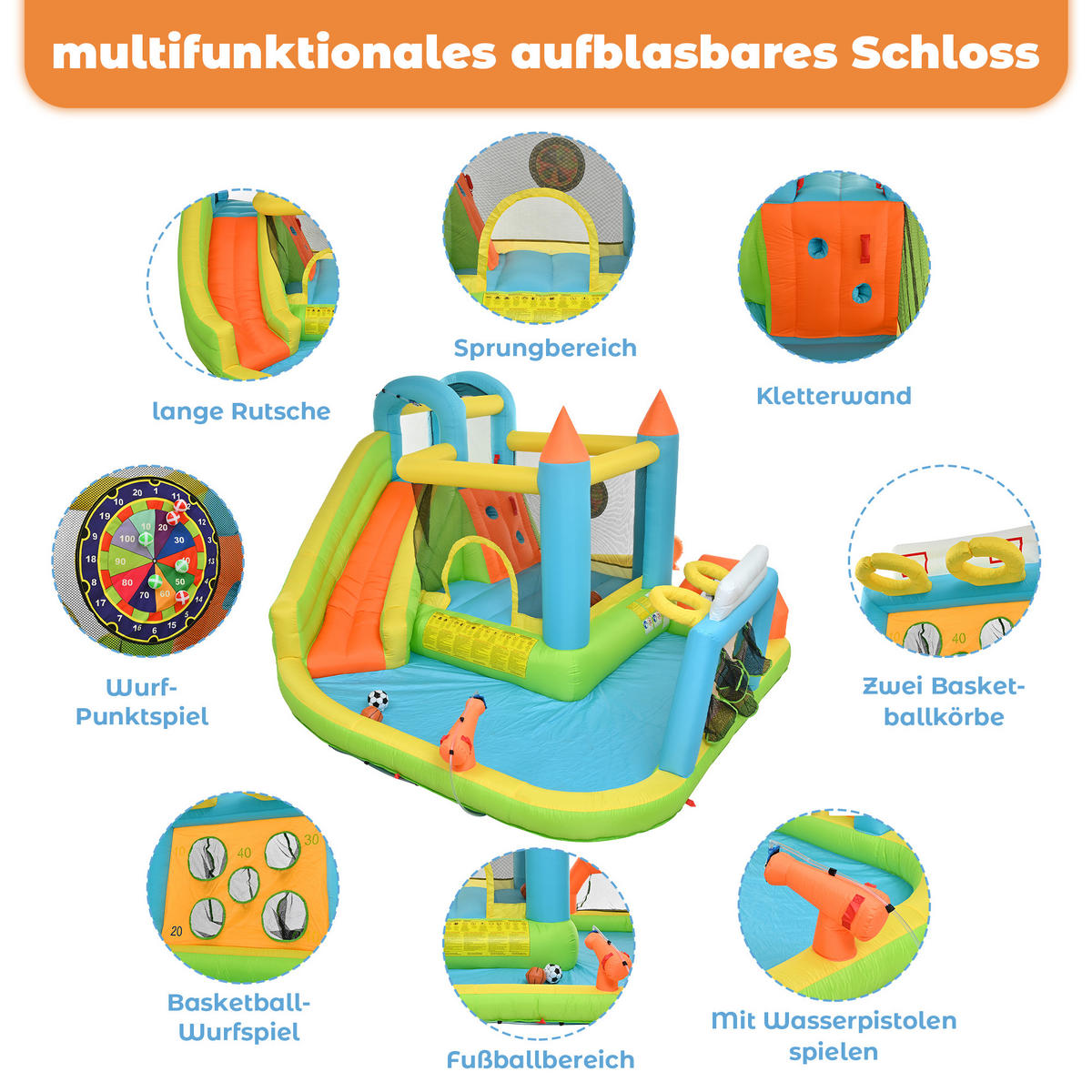 HÜPFBURG Kinder 5in1 Rutsche Wasserpool Basketball Fußball - Multicolor, Textil (360/320/200cm) - FLIEKS