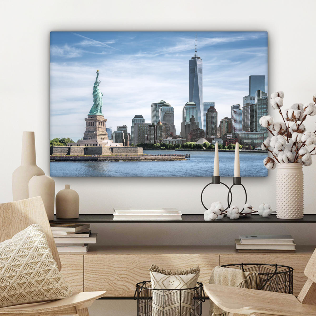 LEINWANDBILD New York - Freiheitsstatue - Wasser Wanddeko 90x60 cm - Hellblau, Textil (90/60cm) - MuchoWow