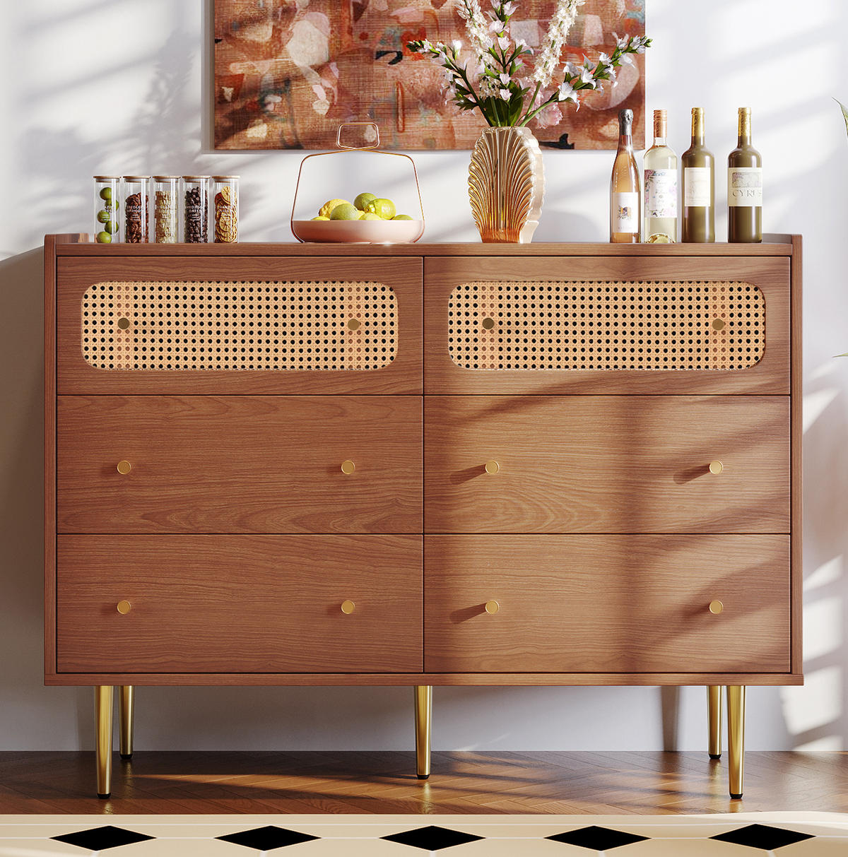 KOMMODE aus Spanplatte und Metall 120x40x90 cm Nussbaum mit 6 Schubladen und Rattanfronten - Nussbaumfarben, Holzwerkstoff (40/90/120cm) - IVMEU