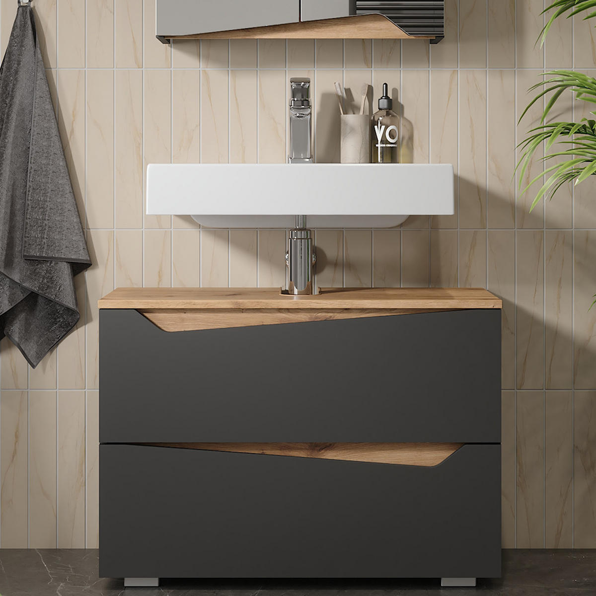 WASCHBECKENUNTERSCHRANK Marelle Anthrazit/Artisan 80 x 57.5 cm mit 2 Schubladen - Anthrazit/Eiche Artisan, Holzwerkstoff (80/57.5/35cm) - Vicco