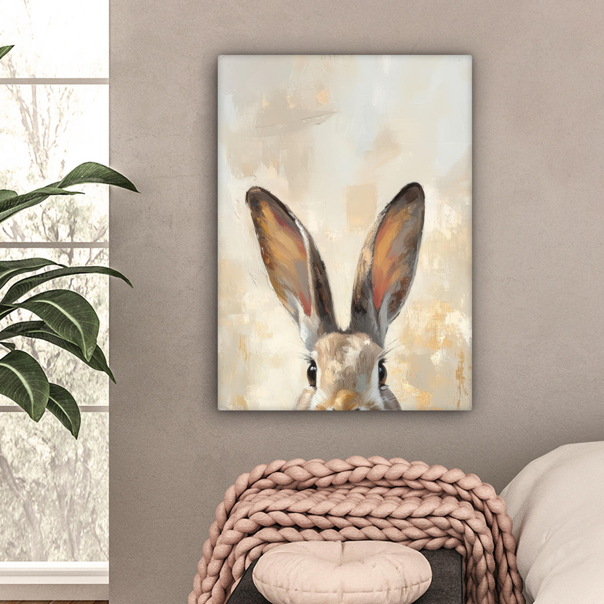 LEINWANDBILD Hase - Ohren - Braun Wandbild Wohnzimmer 60x80 cm - Beige, Textil (60/80cm) - MuchoWow