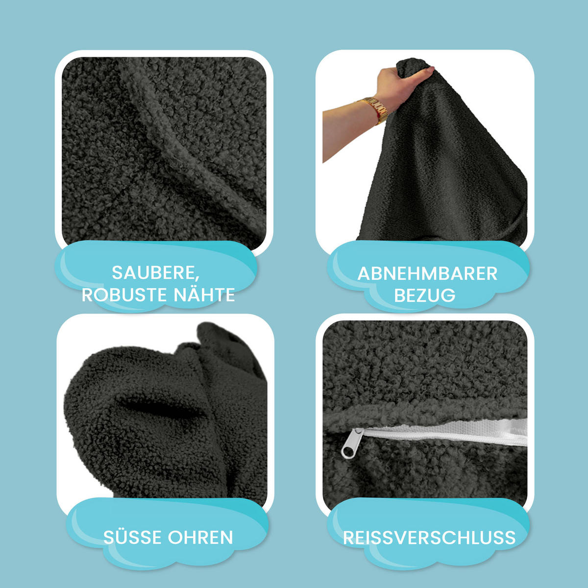 SITZSACK FÜR KINDER Maus 75/75/55 cm, weicher Bouclé 315 g/m², abnehmbarer Bezug, Steel Grey - Dunkelgrau, Textil (75/55/75cm) - Dreamroots