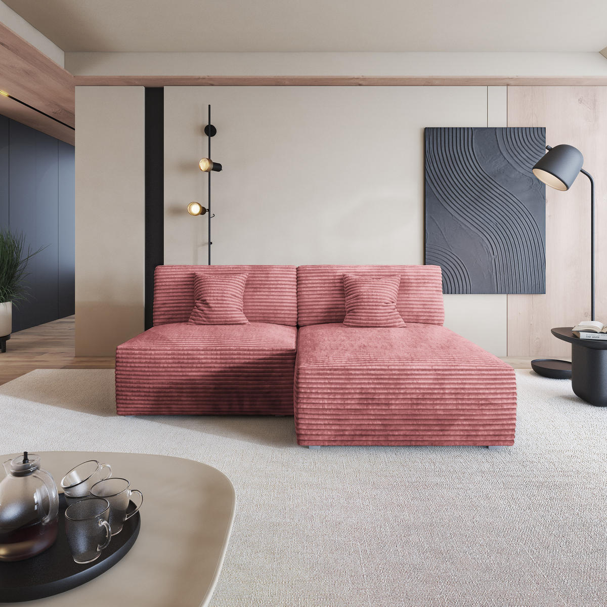 ROHOVÁ SEDAČKA FIORO starorůžová - šedá/starorůžová, dřevo/textil (204/148cm) - MASSENO