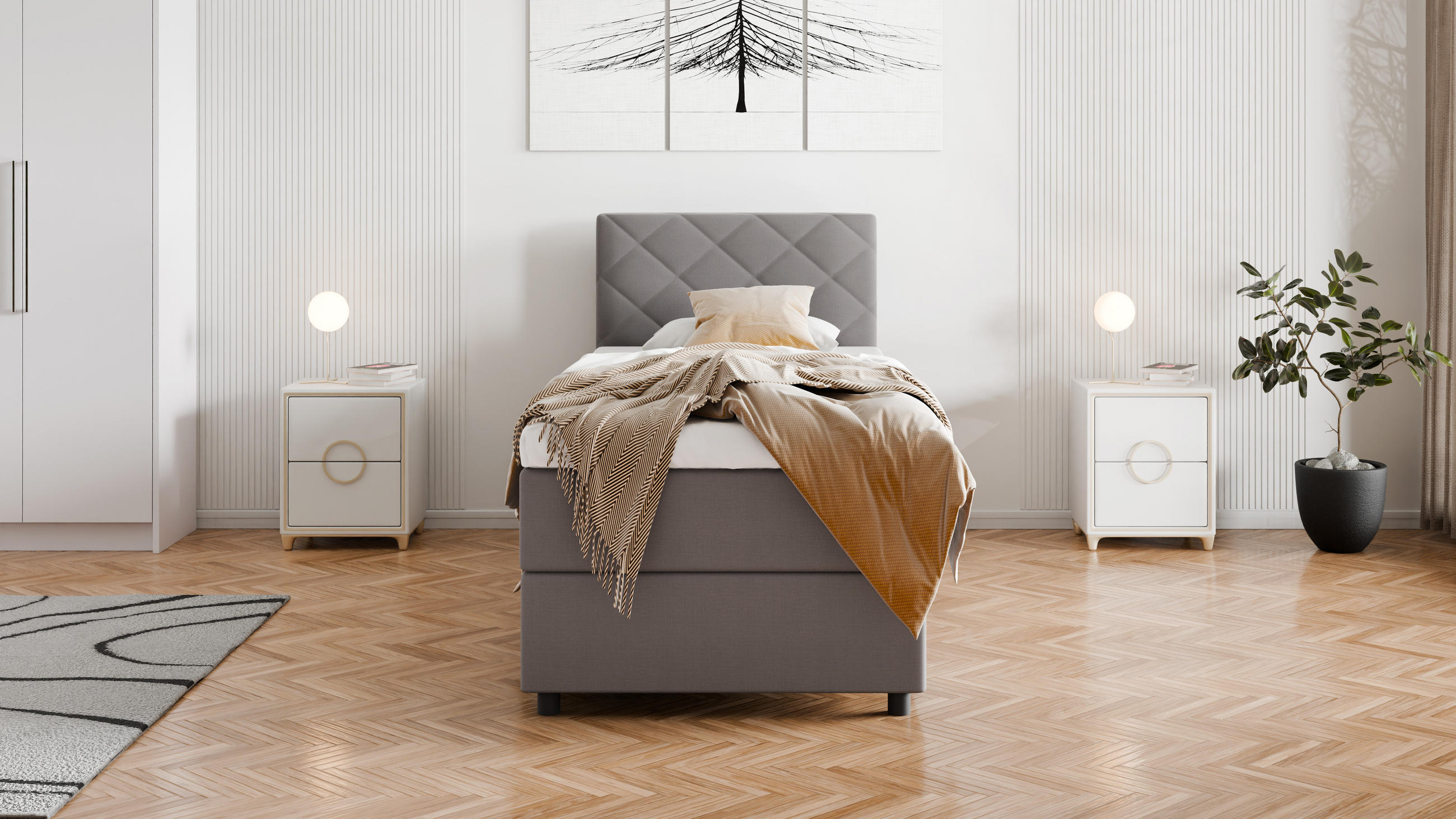 Thumbnail - Panda Möbel Boxbett, Grau, Holz, Mode, 96x215 cm, Oeko-Tex® Standard 100, Schlafzimmer, Betten, Boxspringbetten