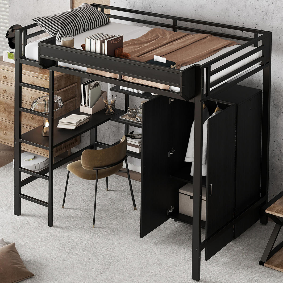 ETAGENBETT 90/200 cm Schwarz mit Tisch und Kleiderschrank - Weiß, Metall (90/200cm) - Flora Grace
