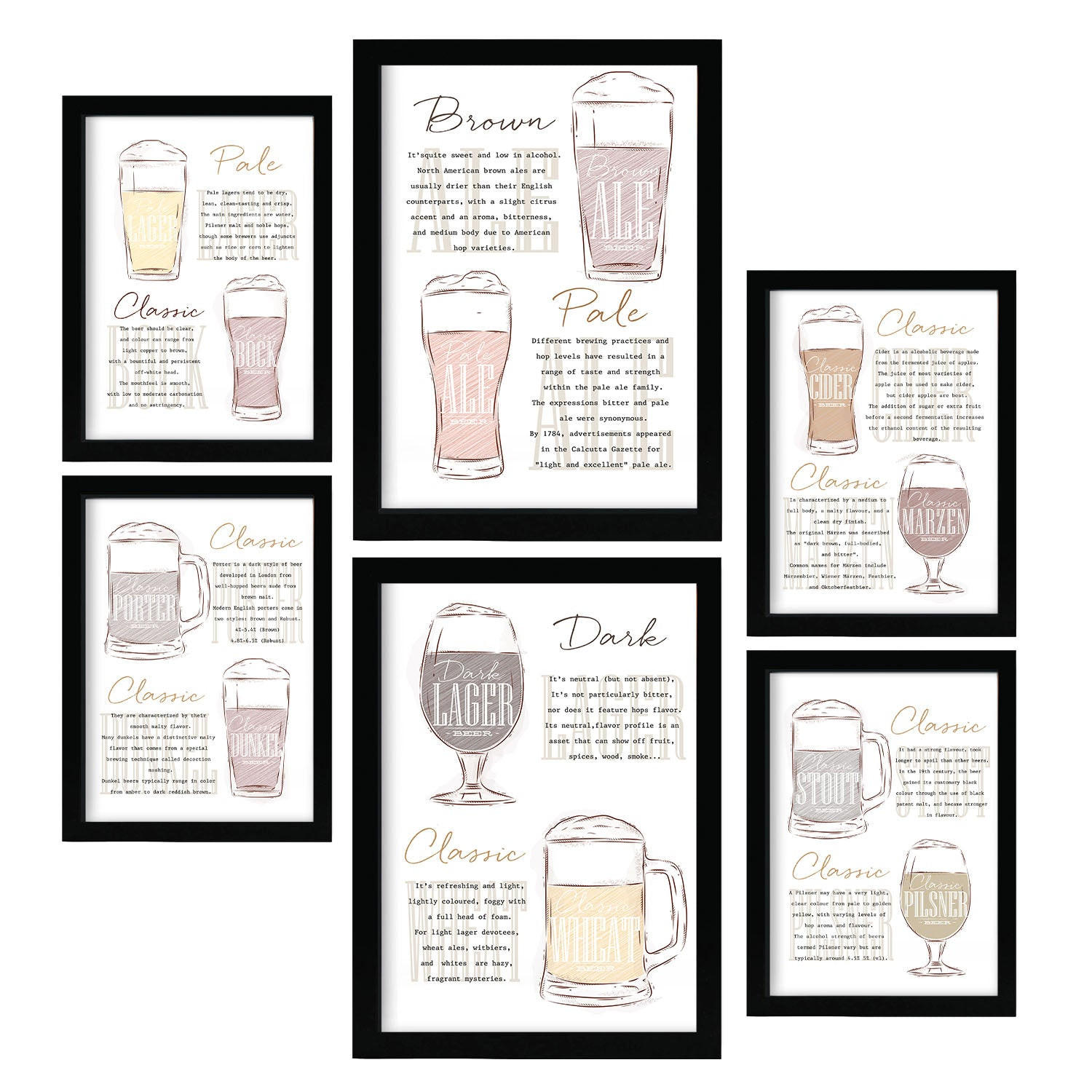 POSTER Set Mit 6 Biersorten Weiß Vollfarbige Illustrationen Von Kaffee & Getränken Im Werbetafel Illustrationen Für & Heim A3 & A4 Schwarzer Rahmen - Schwarz, Papier (29/3cm) - Nacnic