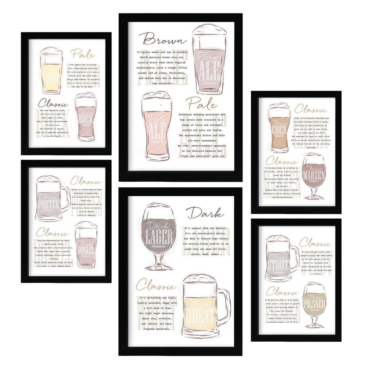POSTER Set Mit 6 Biersorten Weiß Vollfarbige Illustrationen Von Kaffee & Getränken Im Werbetafel Illustrationen Für & Heim A3 & A4 Schwarzer Rahmen - Schwarz, Papier (29/3cm) - Nacnic