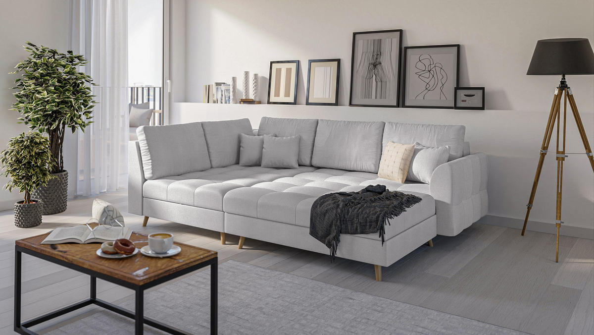 ECKSOFA MIT HOCKER Lorine Mikrofaser Grau - Hellbraun/Grau, Buchenholz/Textil (231/161cm) - S-Style Möbel