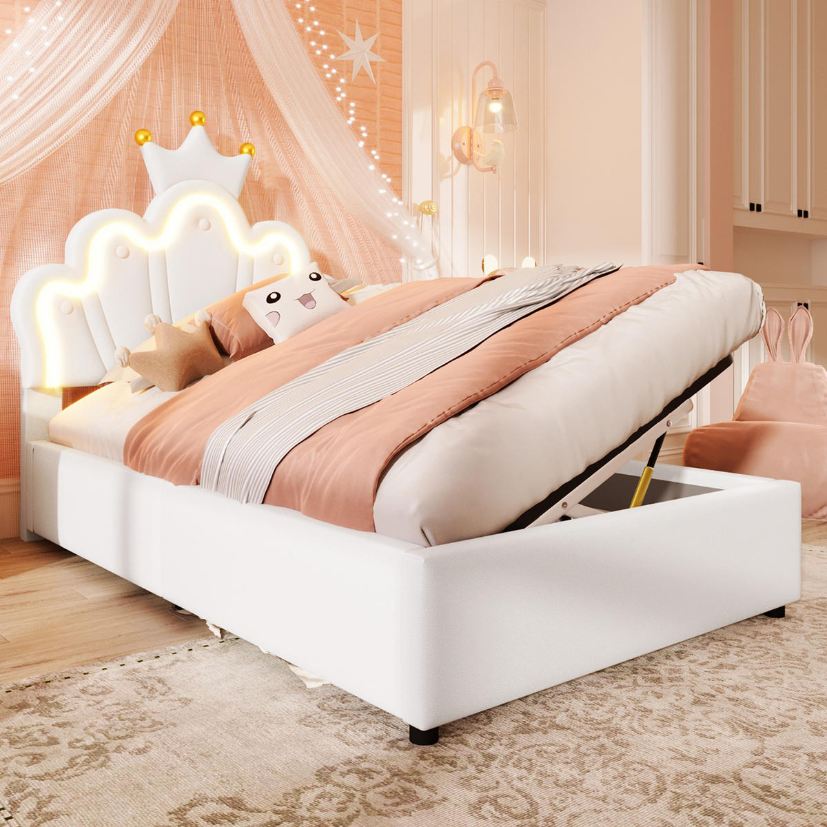 KINDERBETT 90/200 cm Weiß mit hydraulischem Hebemechanismus und LED-Lichtband - Weiß, Leder (90/200cm) - OKWISH