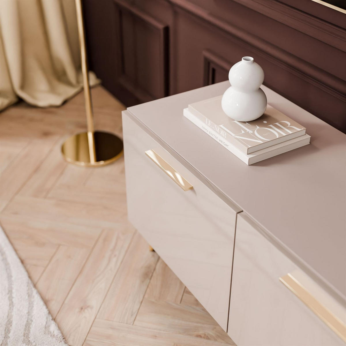 TV-ELEMENT AURA 100 KASCHMIR Hochglanz auf schrägen goldenen Beinen + LED - Kaschmir/Goldfarben, Holzwerkstoff (100/49/40cm) - Lookway