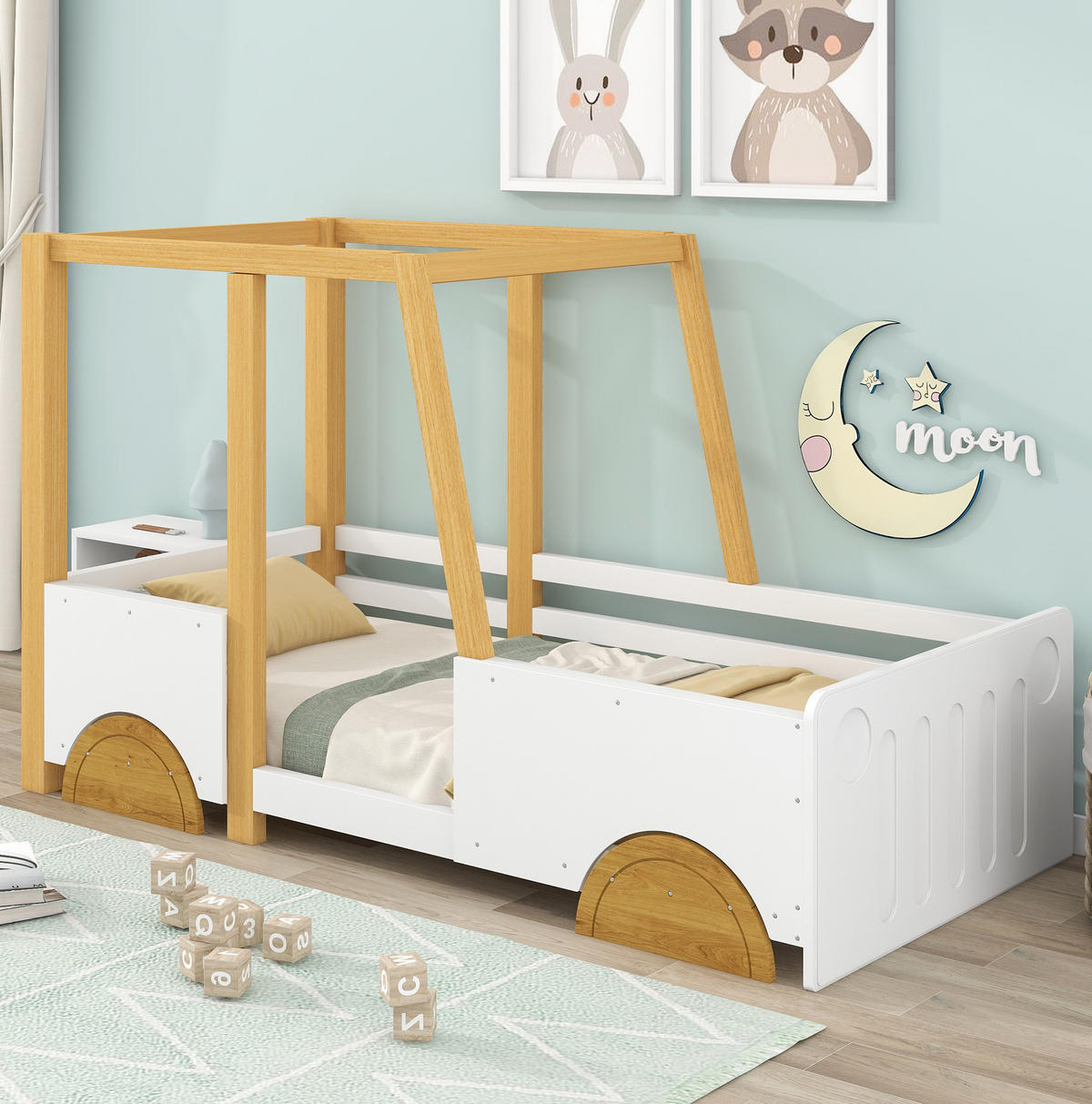 KINDERBETT 90/200 cm in Autoform mit Rundum-Schutz und MDF-Rädern, Weiß/Natur - Weiß, Holz (90/200cm) - Redom