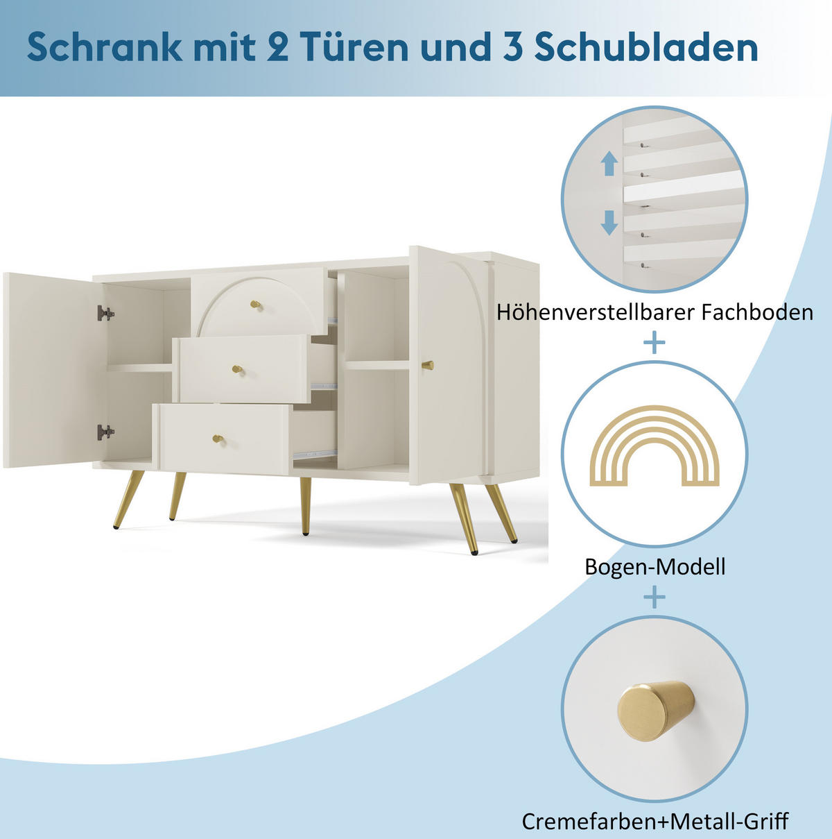KOMMODE 140/40/84 cm mit 3 Schubladen und 2 Türen in Creme-Weiß - Weiß, Holz (140/40/84cm) - BEAOK