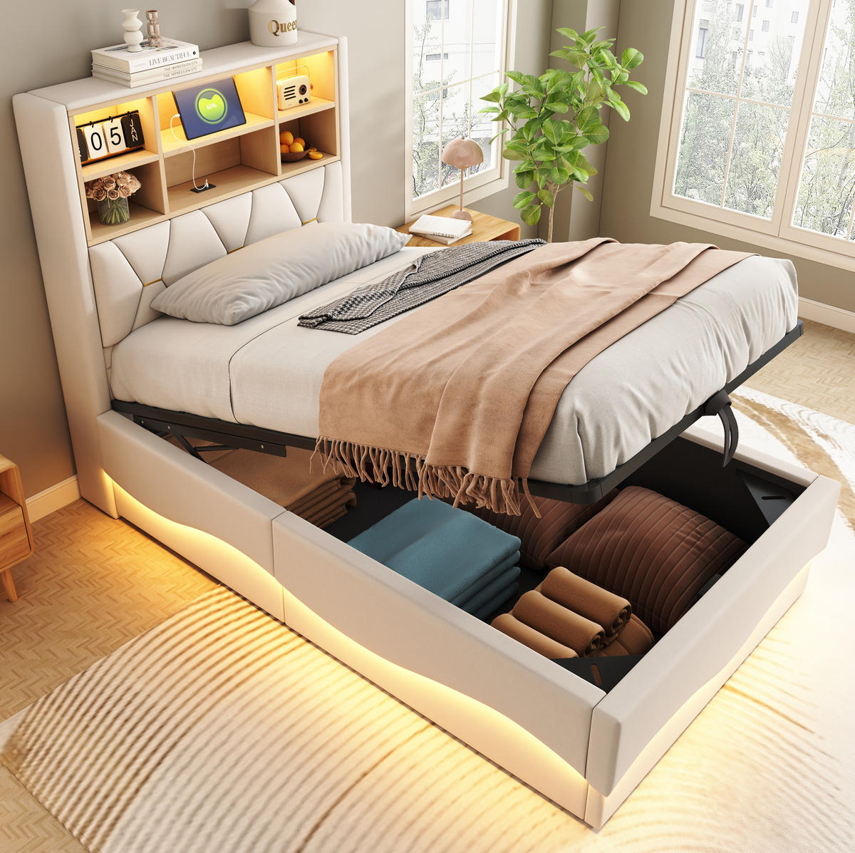 KINDERBETT 90/200 cm in Beige mit Stauraum, LED-Beleuchtung und USB-Anschluss - Beige, Metall (90/200cm) - Flora Grace