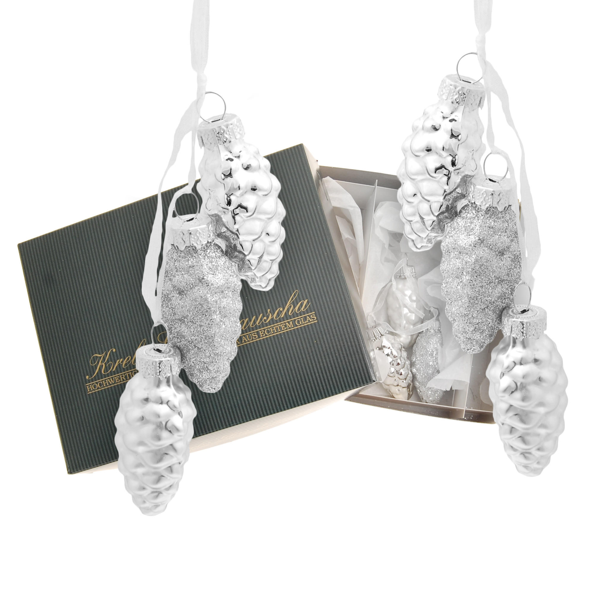 CHRISTBAUMSCHMUCK Tannenzapfen Mini-Set mit Band Silberfarbig 4cm (Glas / 6 Stk.) - Silberfarben, Glas (2/4/2cm) - Krebs Glas Lauscha