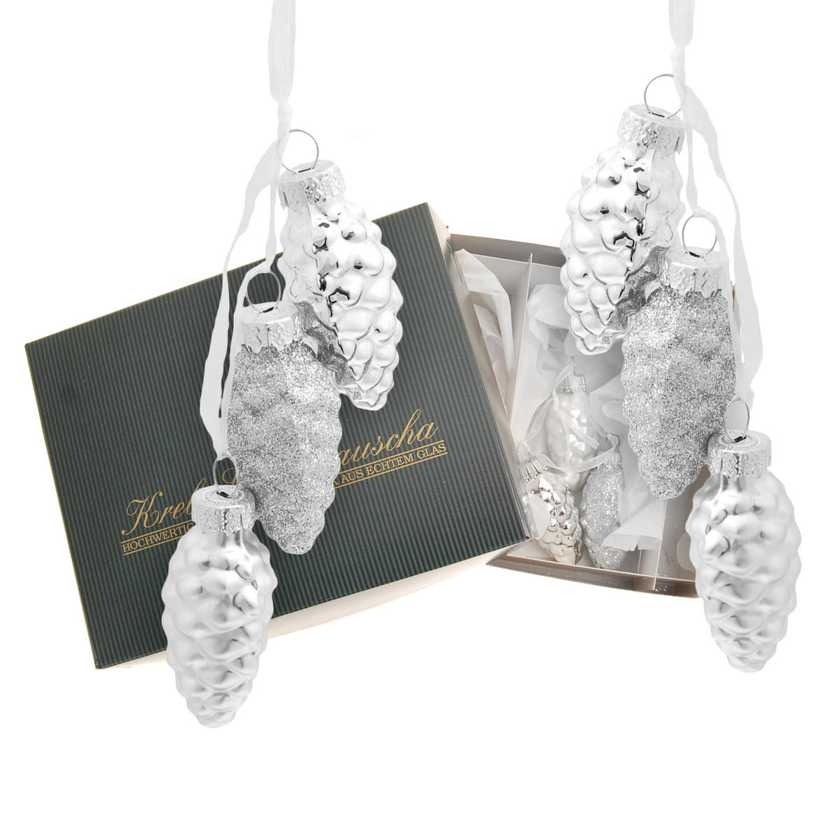 CHRISTBAUMSCHMUCK Tannenzapfen Mini-Set mit Band Silberfarbig 4cm (Glas / 6 Stk.) - Silberfarben, Glas (2/4/2cm) - Krebs Glas Lauscha