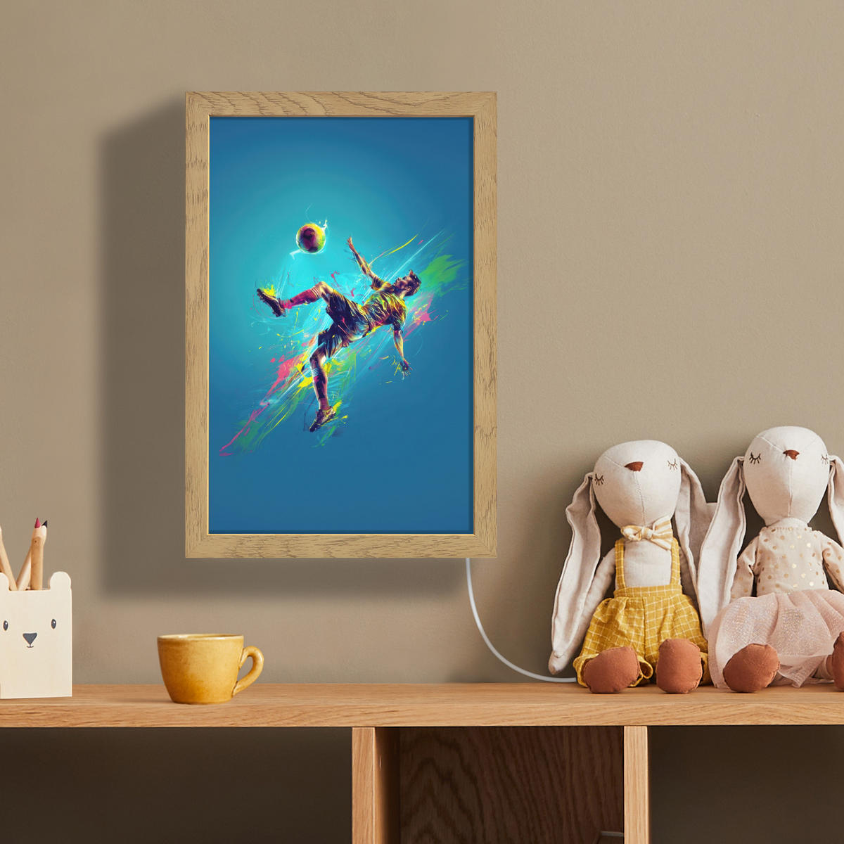 NÁSTĚNNÁ LAMPA Fotbalista - Stříkající barva - Barevné - Míč 20x30 cm - modrá, kompozitní dřevo (20/30/8cm) - OnlyWow