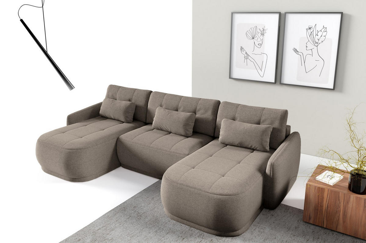 WOHNLANDSCHAFT Krabi Hellbraun, U-Form mit Schlaffunktion - Hellbraun, Textil (332/93/167cm) - Bettso