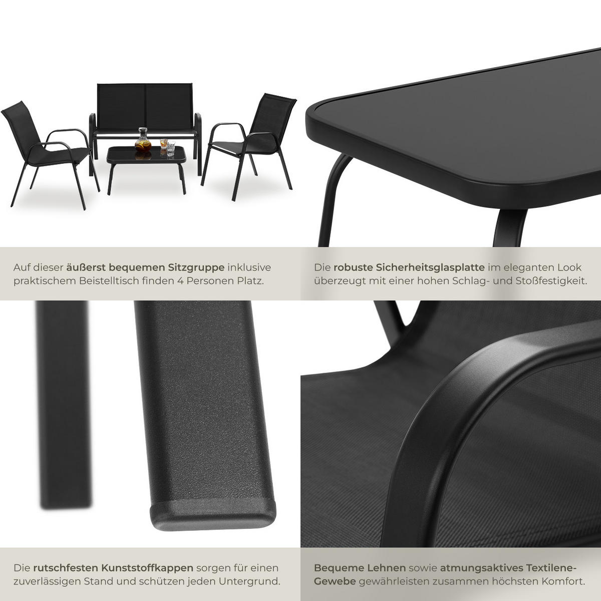 SITZGRUPPE Nora,mit getönter Sicherheitsglasplatte,schwarz - Schwarz, Naturmaterialien/Textil - tectake