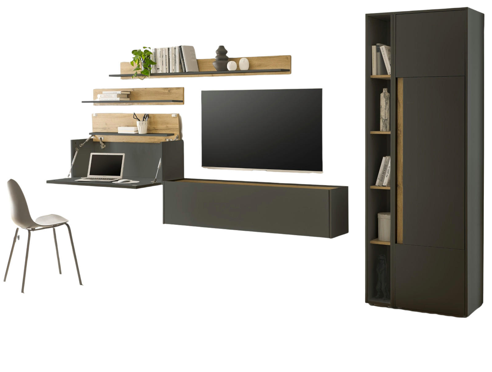 WOHNWAND mit Sekretär grau matt, Eiche Wotan 340 cm, Wohnkombination 6-teilig - Eiche Wotan/Grau, Holzwerkstoff/Metall (340/200/40cm) - Furn.Design