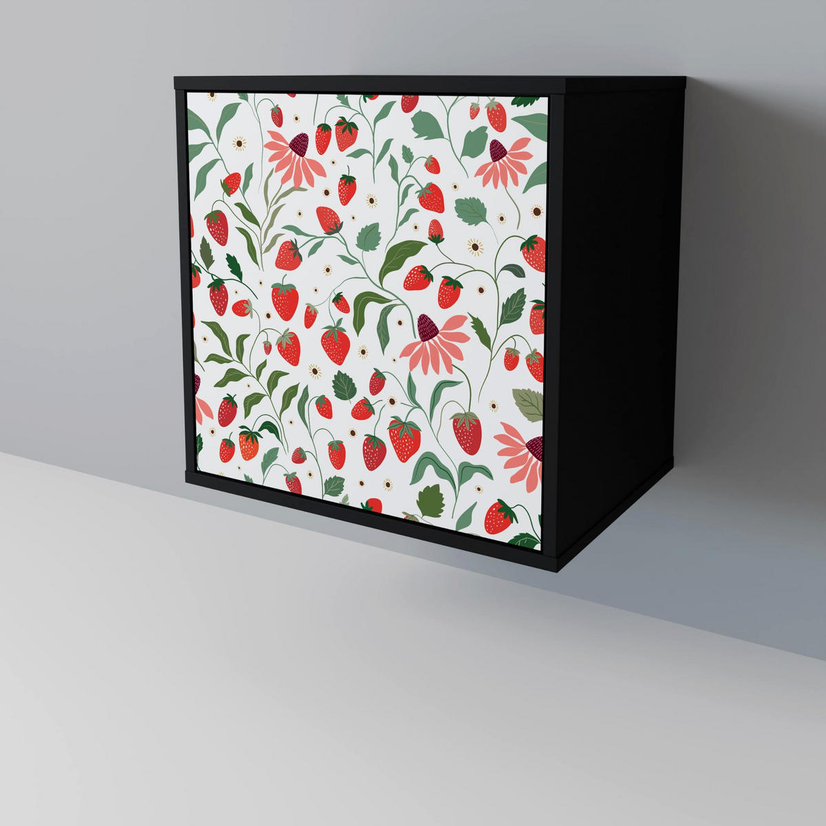 SIDEBOARD FLOWERS AND STRAWBERRIES, Schwarz, 57,5x42x75,5 cm, Goldfarbene Metallfüße - Goldfarben/Multicolor, Holzwerkstoff/Metall (57.5/75.5/42cm) - SpaceRebels