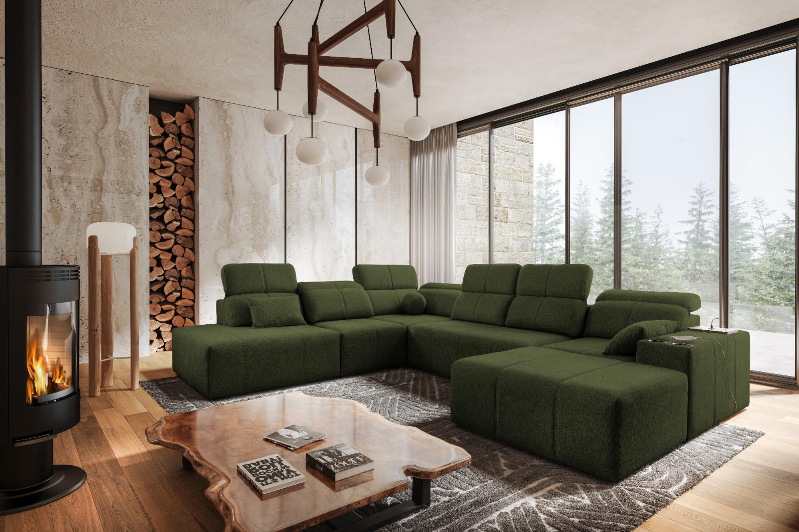 ECKSOFA Multifunktional Mindy X Stoff Verita Dunkelgrün Rechts - Dunkelgrün, Holz/Textil (359/300cm) - Kaiser Möbel