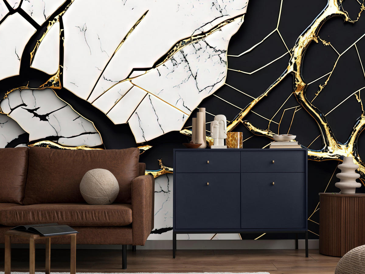 FOTOTAPETER für Badezimmer Abstrakter Marmor Goldene Verzierung 250x175 - Schwarz/Weiß, Papier (250/175cm) - Muralo