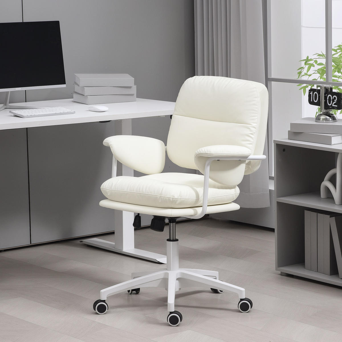 BÜROSTUHL mit Kippfunktion, gepolstert Schreibtischstuhl höhenverstellbar Weiß - Weiß, Holzwerkstoff/Kunststoff (64/98/65cm) - HOMCOM