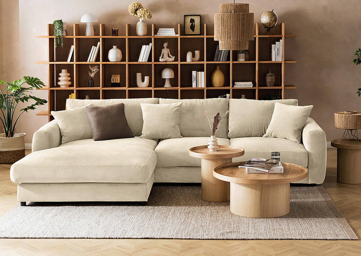 ECKSOFA mit Longchair - Beige/Schwarz, Holz/Kunststoff (286/183cm) - home24