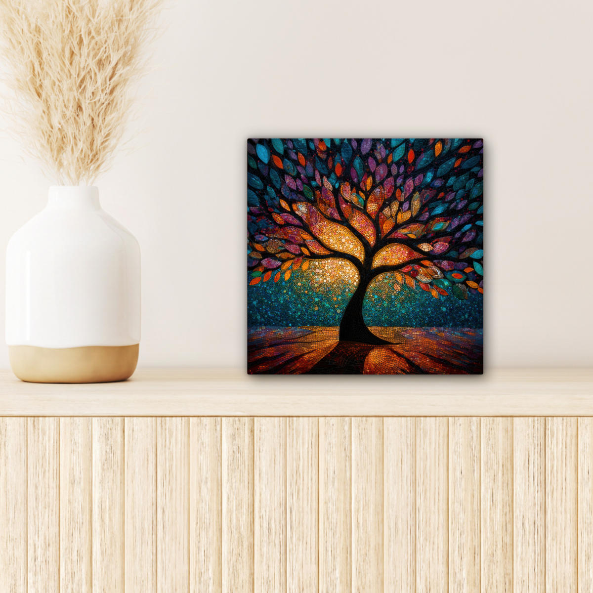 LEINWANDBILD Mosaik - Bunt - Baum - Äste Deko Wohnzimmer 20x20 cm - Multicolor, Textil (20/20cm) - MuchoWow