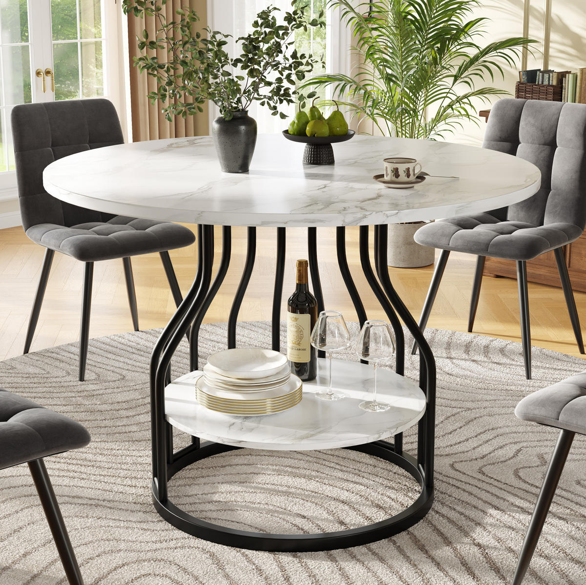 ESSTISCH rund 80/80/76 cm in Schwarz mit Stauraum und MDF-Tischplatte - Schwarz, Holzwerkstoff (80/80/76cm) - Flora Grace