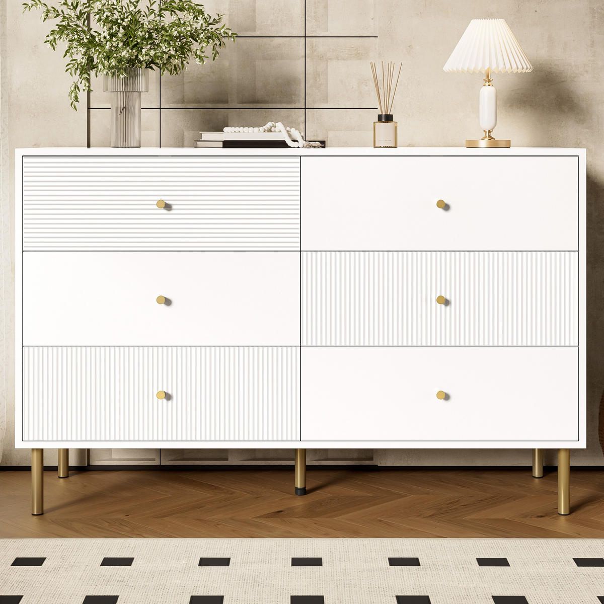 KOMMODE mit 6 Schubladen, MDF mit Stahlbeinen, 120/40/78 cm, Weiß - Weiß, Holzwerkstoff (40/78/120cm) - Redom