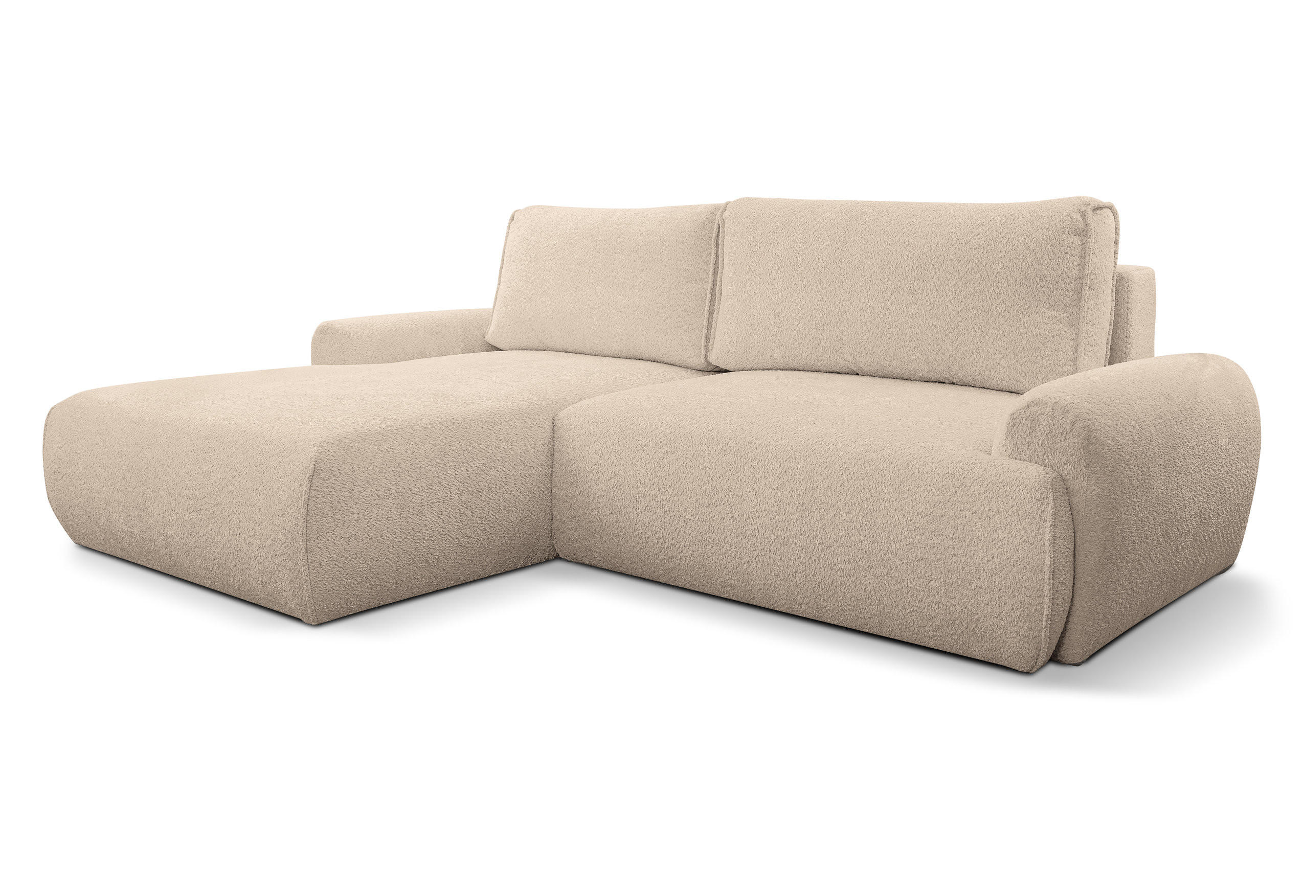 ECKSOFA Moon in L-Form mit Schlaffunktion und Bettkasten, Farbe: Hellbraun, Bouclé-Stoff, Ottomane Links - Hellbraun, Textil (136/260cm) - VENASI MÖBEL