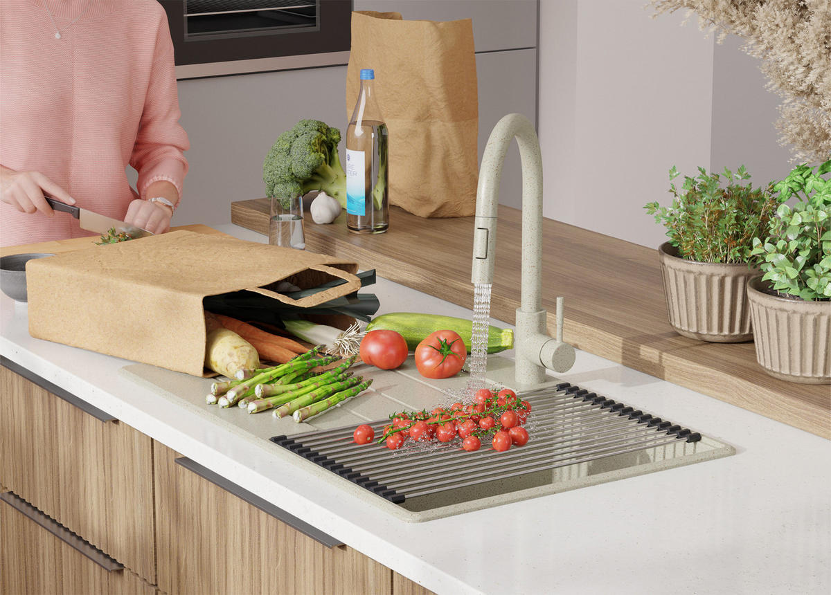 GRANITSPÜLE Kopenhagen, 2-er set Beige 78/50 cm 1 Becken + Küchenarmatur 32/20 cm + Ablauf-Set + Schneidebrett ab 45er Unterschrank - Chromfarben/Beige, Kunststoff (78/20/50cm) - Primagran