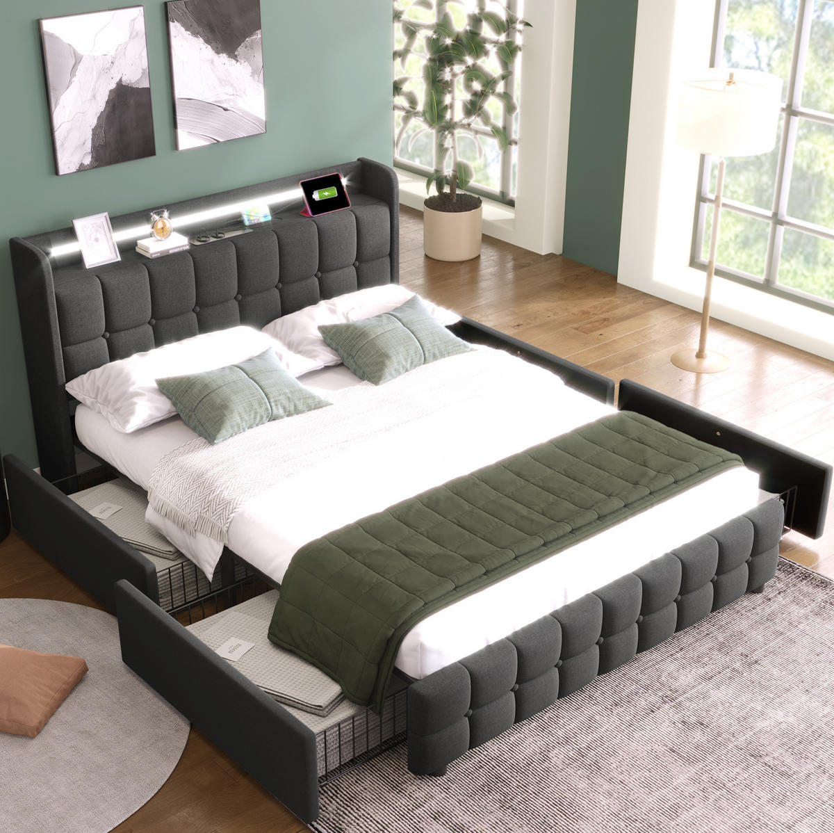 POLSTERBETT mit USB und LED 180x200 cm Grau mit 4 Schubladen - Grau, Holz (180/200cm) - Meubliv