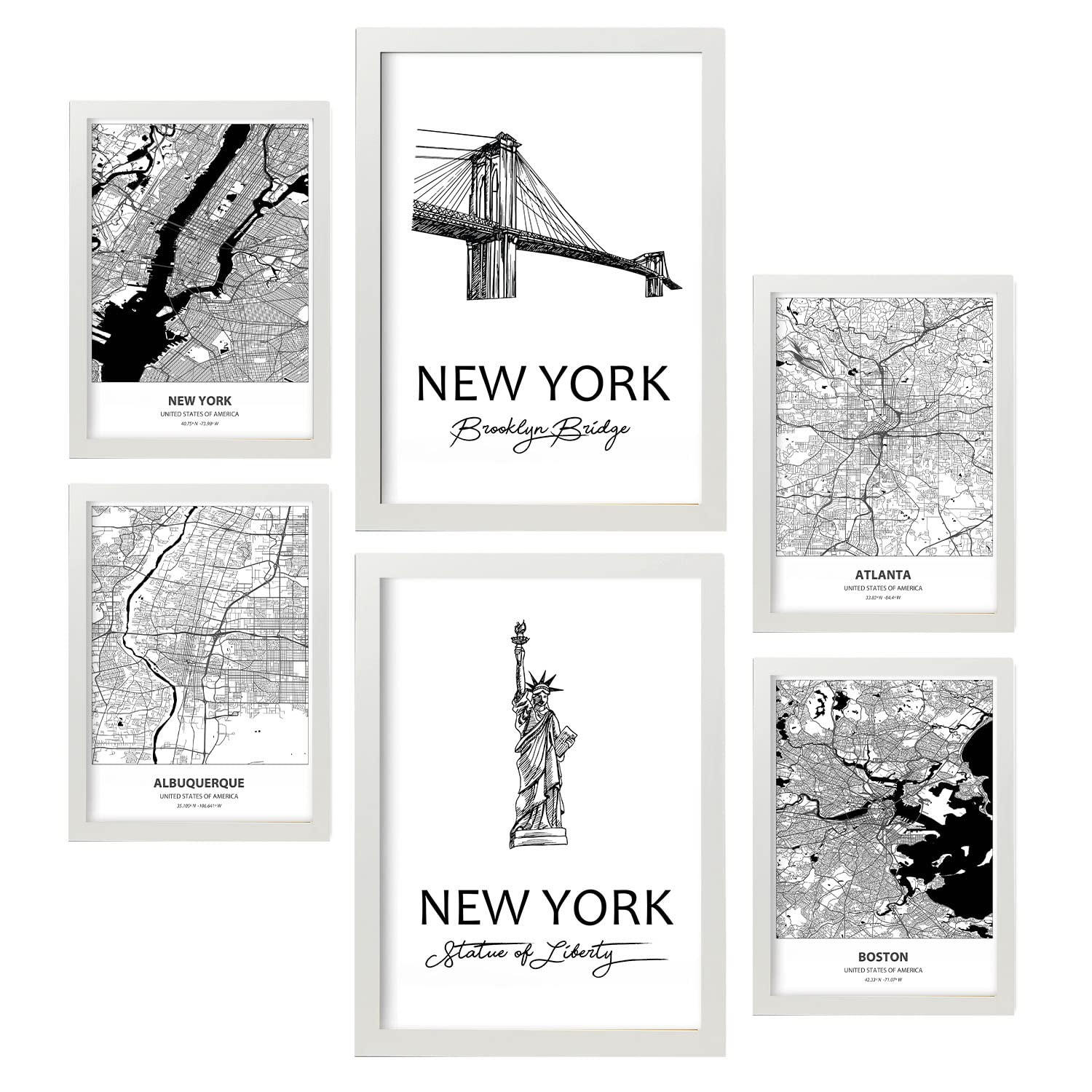 POSTER Set Mit 6 Drucke Von Usa Von Karten In Schwarz Weiß A3 & A4 Weißer Rahmen - Weiß, Papier (29/3cm) - Nacnic