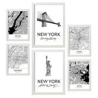 POSTER Set Mit 6 Drucke Von Usa Von Karten In Schwarz Weiß A3 & A4 Weißer Rahmen - Weiß, Papier (29/3cm) - Nacnic