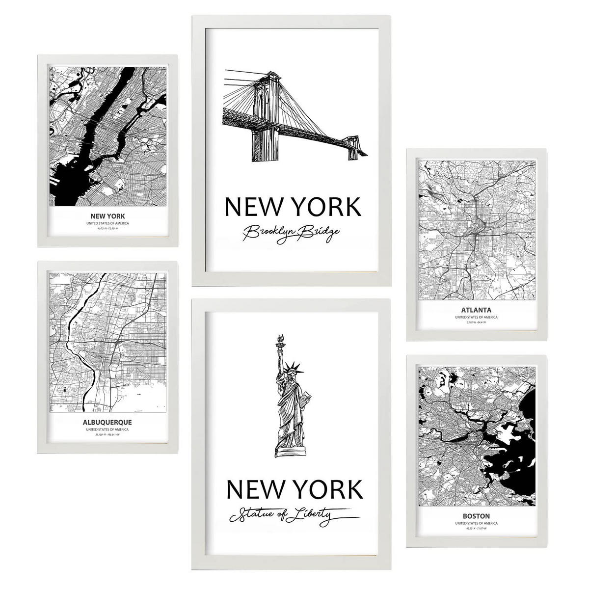 POSTER Set Mit 6 Drucke Von Usa Von Karten In Schwarz Weiß A3 & A4 Weißer Rahmen - Weiß, Papier (29/3cm) - Nacnic