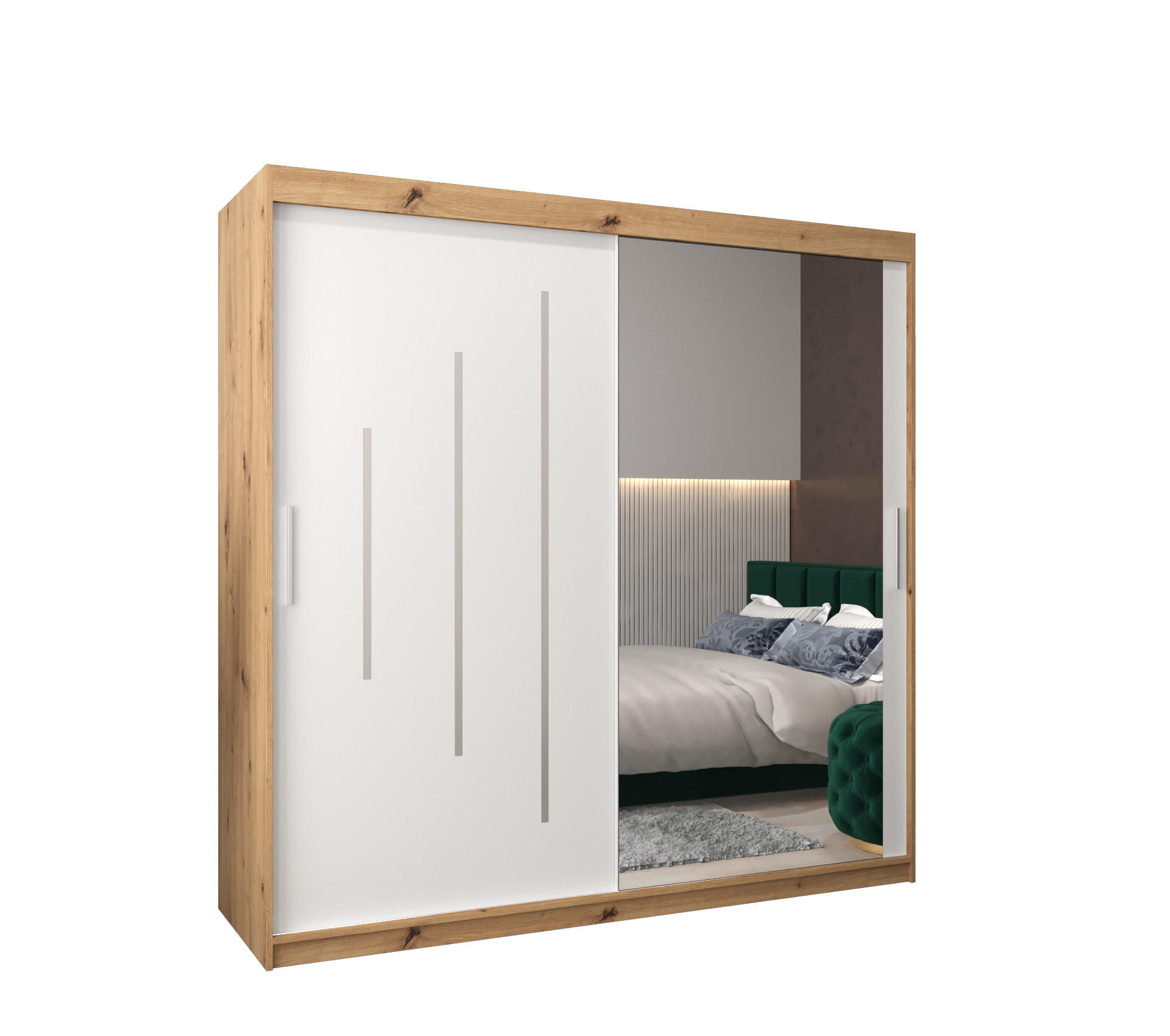 Abiks Möbel Schwebetürenschrank Eiche Artisan, Weiß 200x200x62 cm