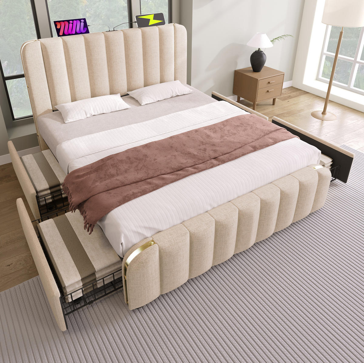 POLSTERBETT mit Matratze USB/Typ-C 140x200 cm Beige Leinen 4 Schubladen - Beige, Metall (140/200cm) - Meubliv