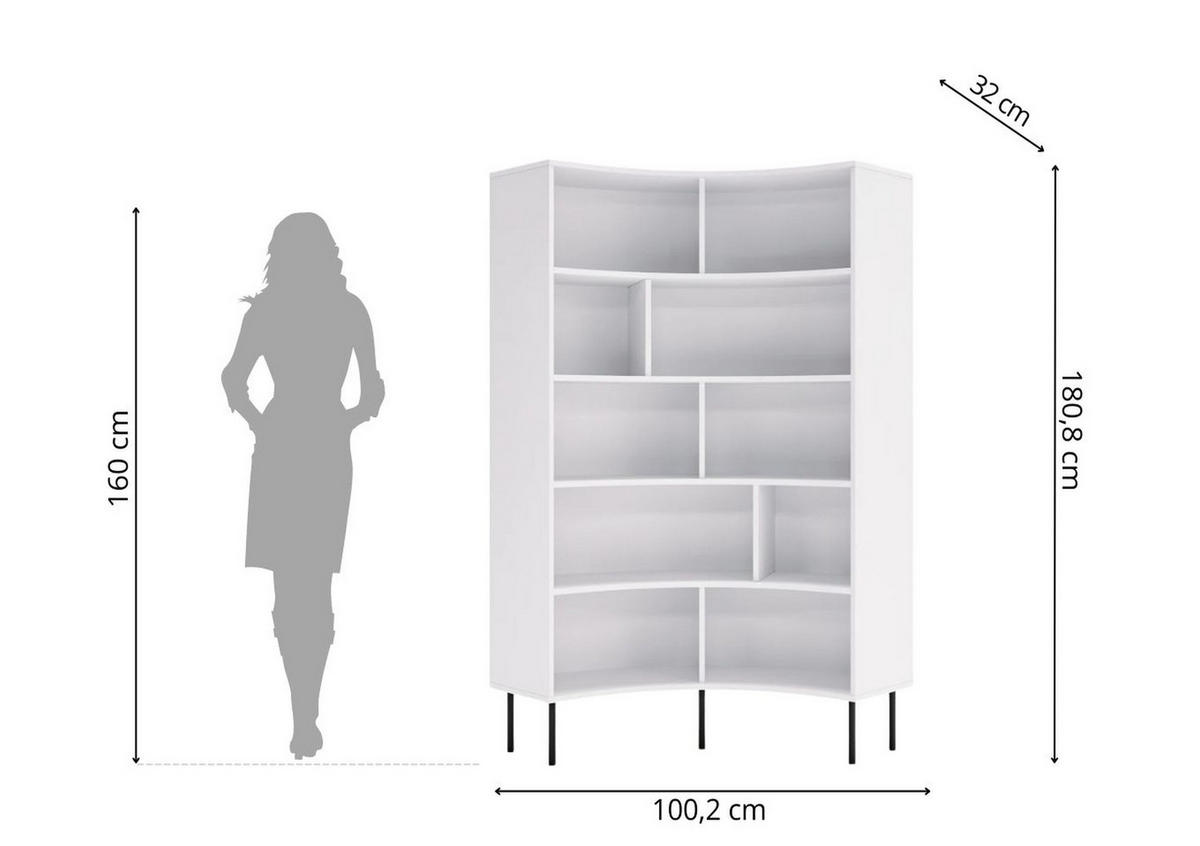 BÜCHERREGAL Horn, Weiß, Bogenform, 10 Fächern - Schwarz/Weiß, Holzwerkstoff/Metall (100/181/32cm) - Skandica