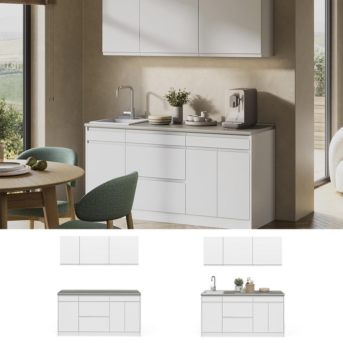 SINGLEKÜCHE R-Line, Weiß/Weiß, 160 cm Arbeitsplatte Satin - Weiß, Holzwerkstoff (160/81.6/60cm) - Vicco