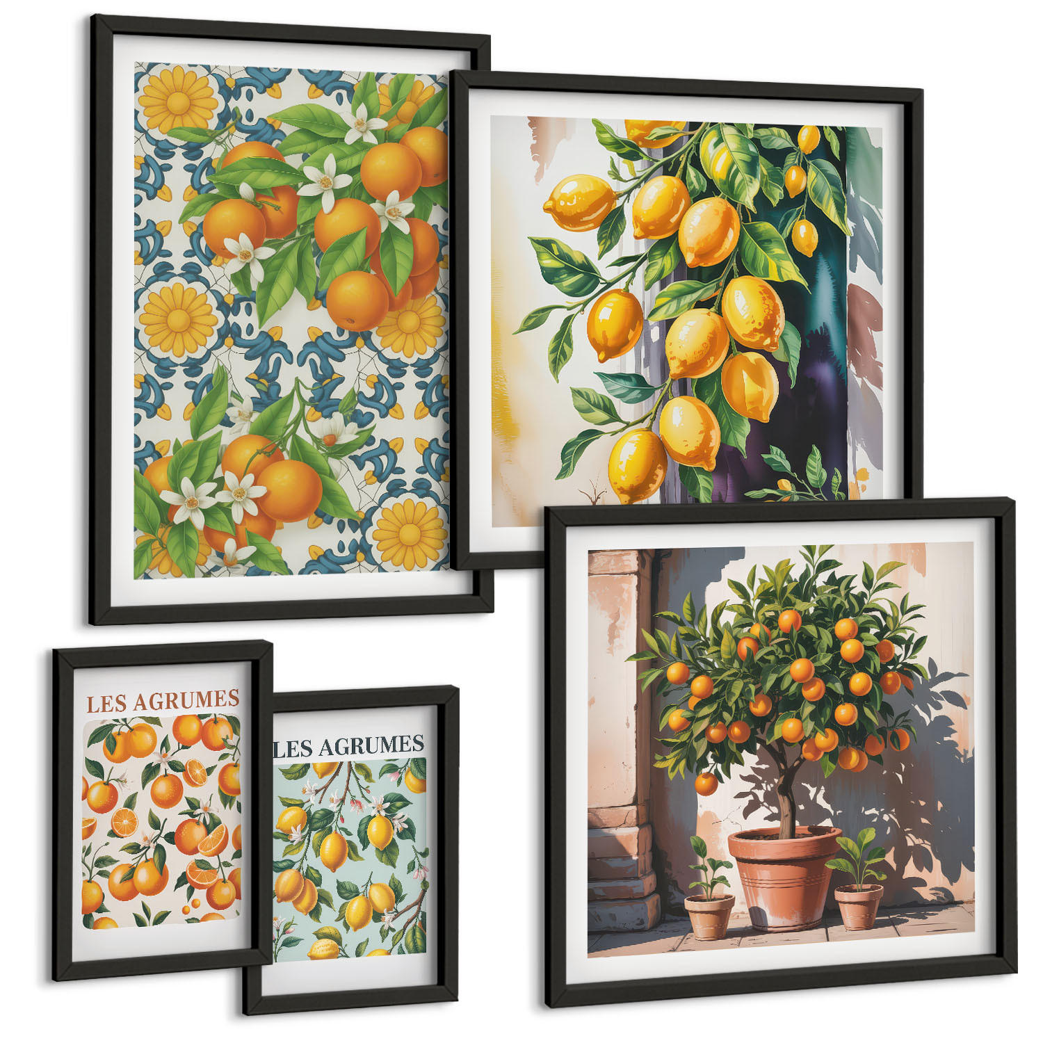 BILDER SET 5er Set - 50x50 cm & 20x30 cm & 40x60 cm Schwarzer Rahmen - Retro gelbe Zitrusfrüchte - Schwarz, Kunststoff (40/60cm) - TULUP