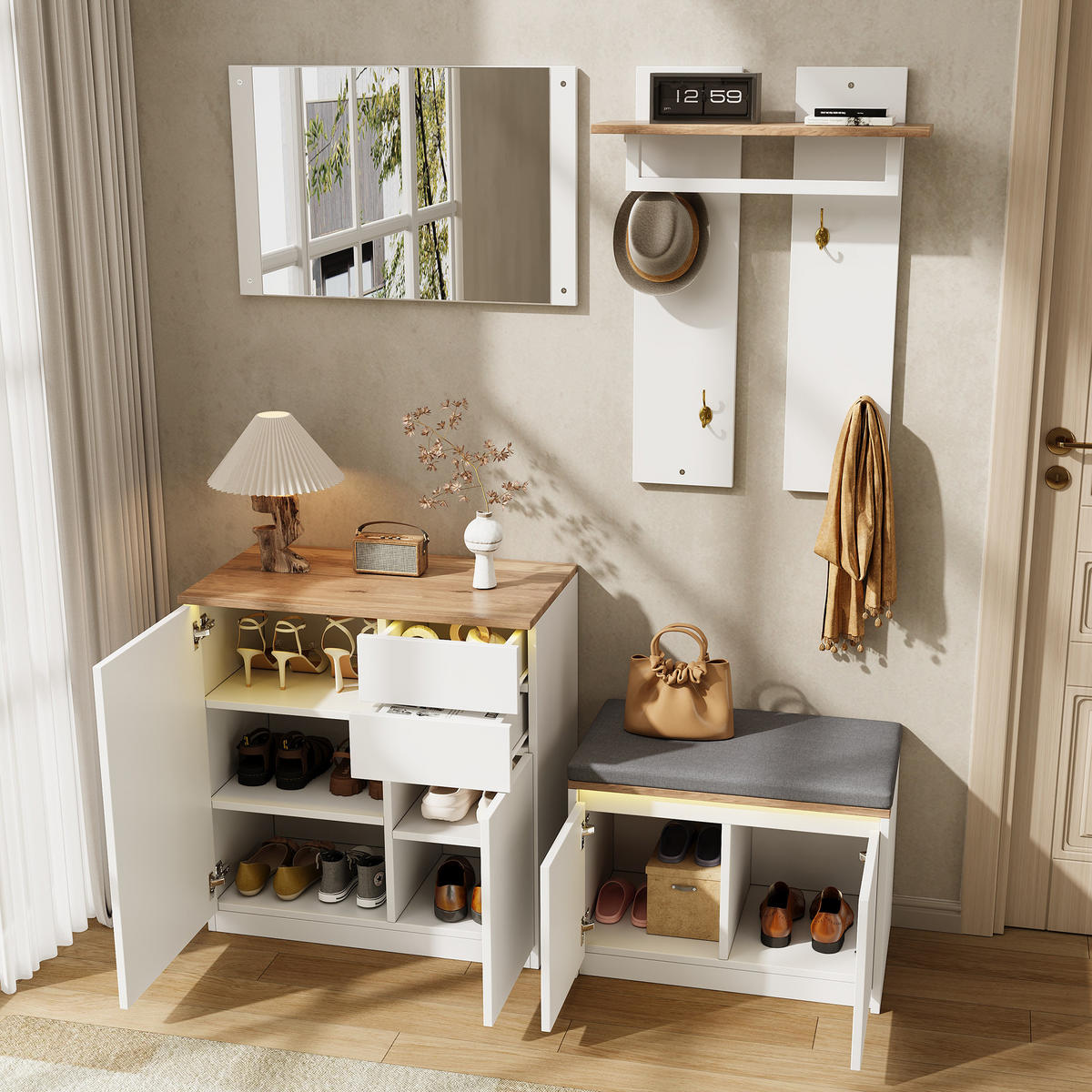 GARDEROBE 130x35x124.5cm mit Spiegel, LED und Schuhbank - Weiß, Holzwerkstoff (130/124.5/35cm) - FLIEKS