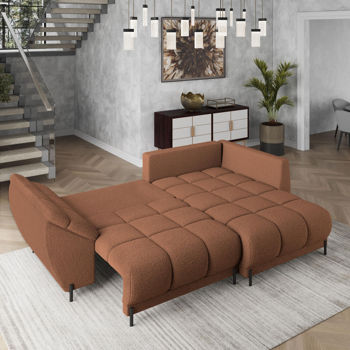 ECKSOFA VESTANO R-S Kupferfarben Boucle-Stoff mit Schlaffunktion - Kupferfarben, Holz (287/182cm) - MASSENO