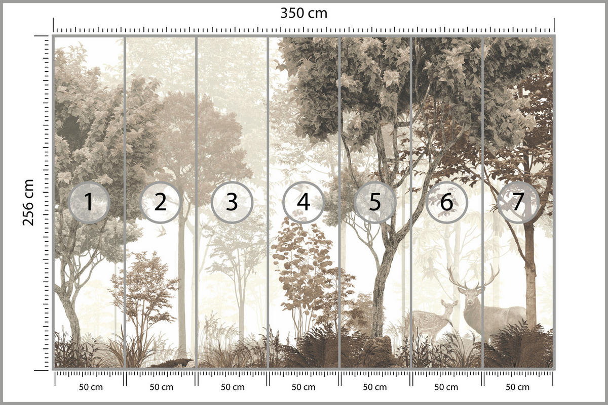 FOTOTAPETE für Esszimmer Vintage Wald Bäume Hirsche 350x256 - Gelb/Beige, Papier (350/256cm) - Muralo