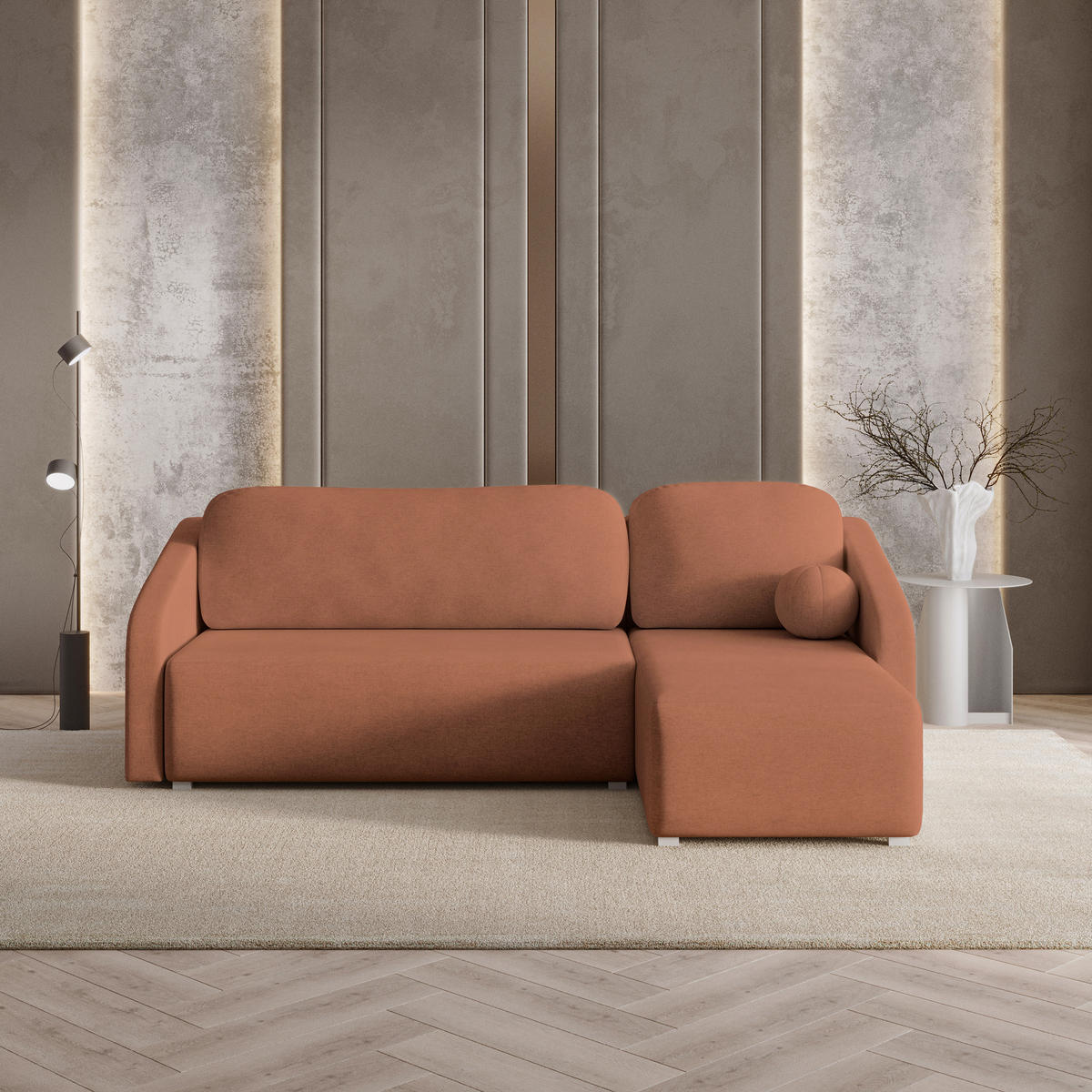 ECKSOFA MARELLO Kupferfarben Geflochtener Stoff mit Schlaffunktion - Kupferfarben, Holz (220/143cm) - MASSENO