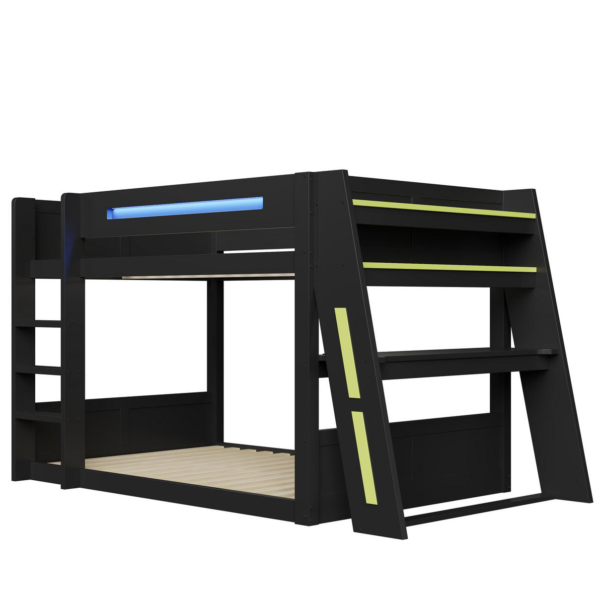ETAGENBETT 140/200 cm schwarz/grün aus Kiefer und MDF mit Schreibtisch und LED - Schwarz, Holzwerkstoff (140/200cm) - OKWISH
