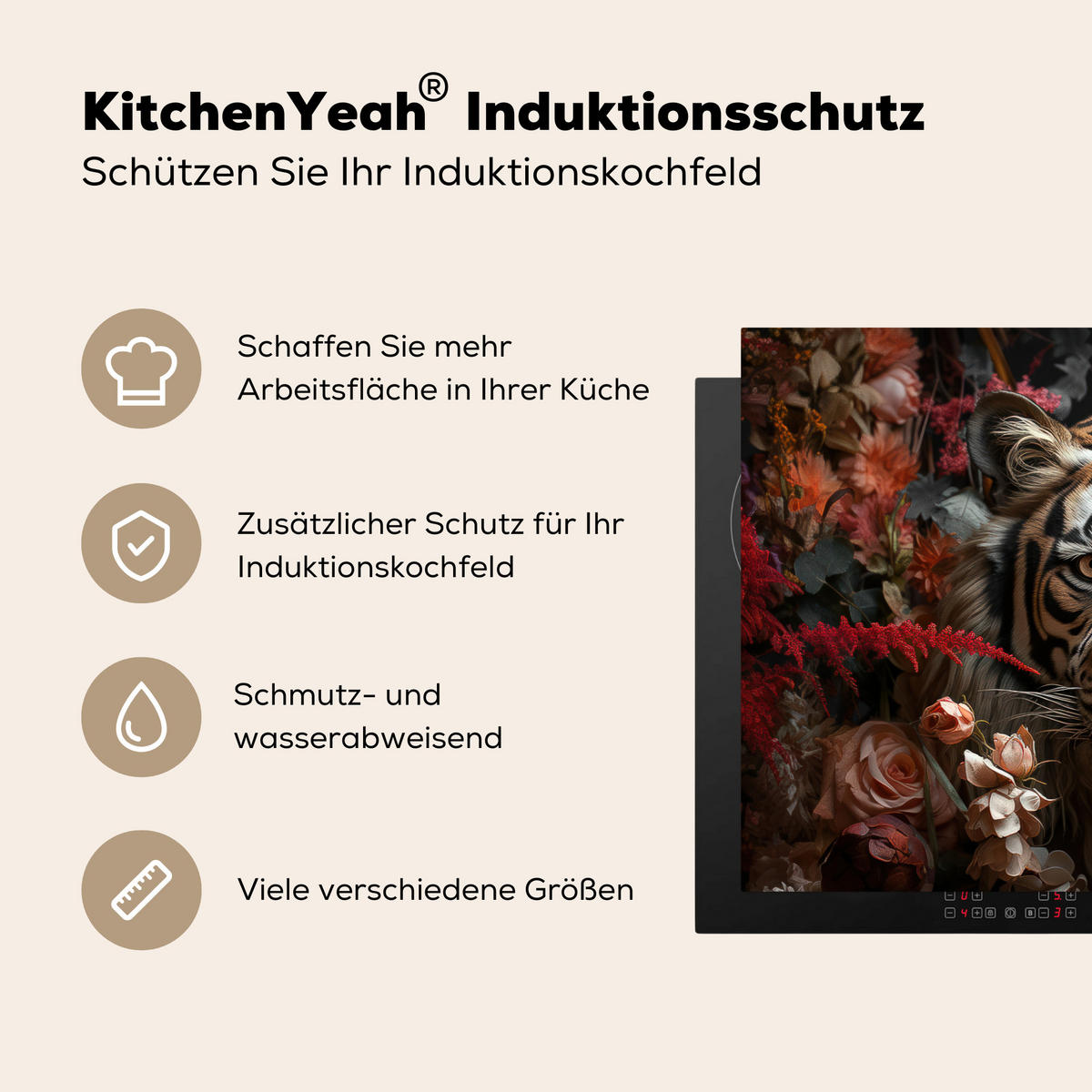 HERDABDECKPLATTE Tiger - Tier - Natur - Floral - Botanisch Induktionsmatte 77x51 cm - Orange, Kunststoff (77/51/0.2cm) - MuchoWow